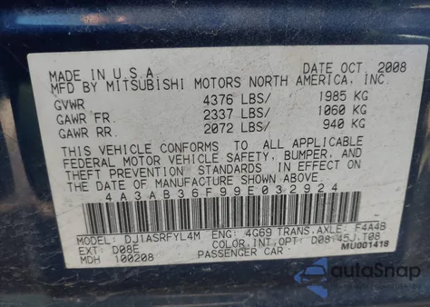 2009 Mitsubishi Galant Es/Sport Edition z USA, uszkodzony, nr VIN 4A3AB36F99E032924